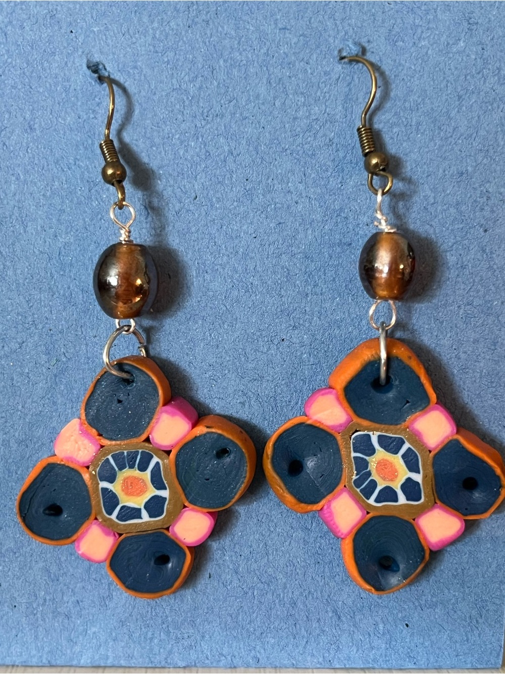 Handmade Polymer Clay Colorful Floral Drop Earrings - Navy & Pink